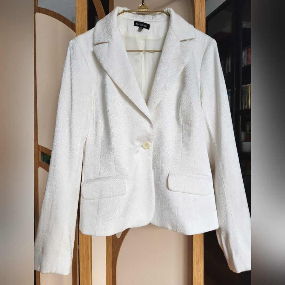 Le Chateau White Brocade Fitted Blazer Faux Pocket Small Made in Canada Vintage